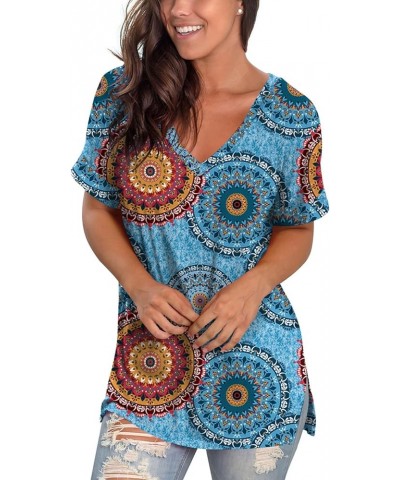 Women's V Neck T Shirts Casual Rolled Short Sleeve Side Split Summer Tops Loose Fit 04a-blue Print $17.99 T-Shirts