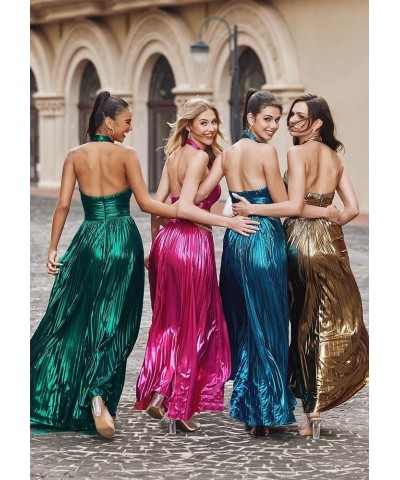 Halter Metallic Sparkly Satin Prom Dress for Teens Pleated Skirt Formal Evening Ball Gown for Women YA034 Red $29.99 Dresses