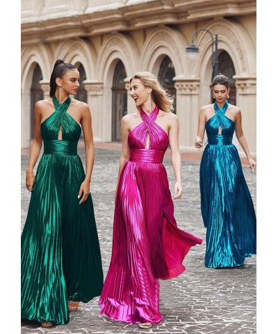 Halter Metallic Sparkly Satin Prom Dress for Teens Pleated Skirt Formal Evening Ball Gown for Women YA034 Red $29.99 Dresses