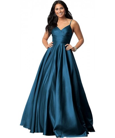 Spaghetti V Neck Prom Dresses for Women Long Ball Gown Ruched Satin Evening Party Gown with Pockets CM139 Teal $30.79 Dresses