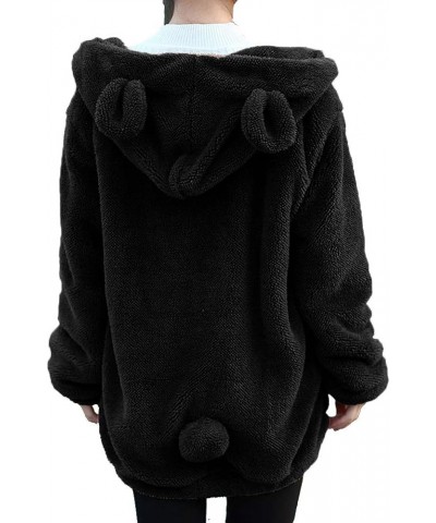 Women Bear and Rabbit Ear Shape Coat Zipper Fuzzy Fleece Jacket Hooded Cardigan Coat Black (Bear Ear) $20.99 Coats