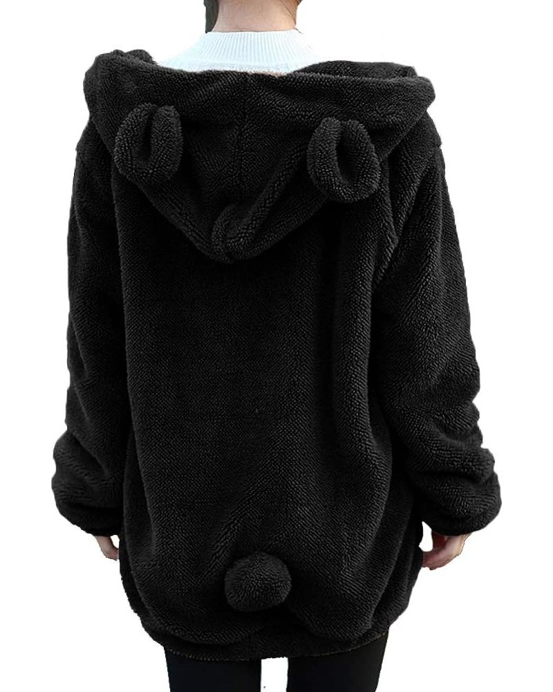 Women Bear and Rabbit Ear Shape Coat Zipper Fuzzy Fleece Jacket Hooded Cardigan Coat Black (Bear Ear) $20.99 Coats