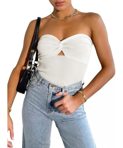 Women Strapless Crop Tube Top Sexy Ribbed Knit Cutout Twisted Knot Front Sleeveless Y2K Corset Tanks Top White $10.00 Tanks