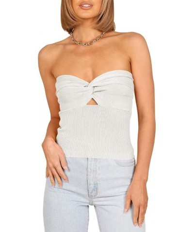 Women Strapless Crop Tube Top Sexy Ribbed Knit Cutout Twisted Knot Front Sleeveless Y2K Corset Tanks Top White $10.00 Tanks