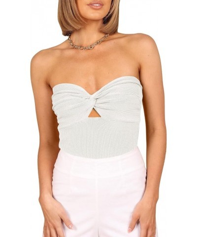 Women Strapless Crop Tube Top Sexy Ribbed Knit Cutout Twisted Knot Front Sleeveless Y2K Corset Tanks Top White $10.00 Tanks