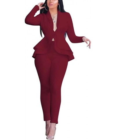 Women's Suit Sets 2 Piece Sets Sexy V Neck Business Casual Blazer Suit Pants Sets Wine Red $24.95 Suits