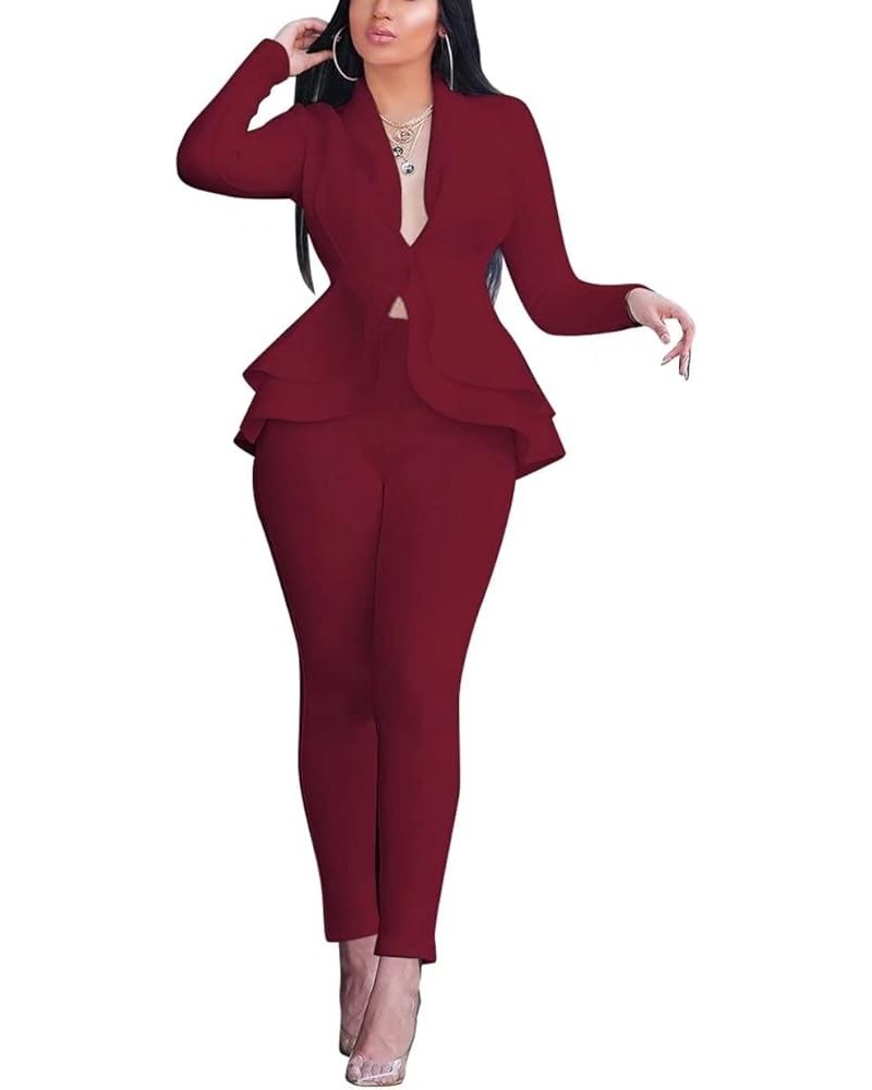 Women's Suit Sets 2 Piece Sets Sexy V Neck Business Casual Blazer Suit Pants Sets Wine Red $24.95 Suits