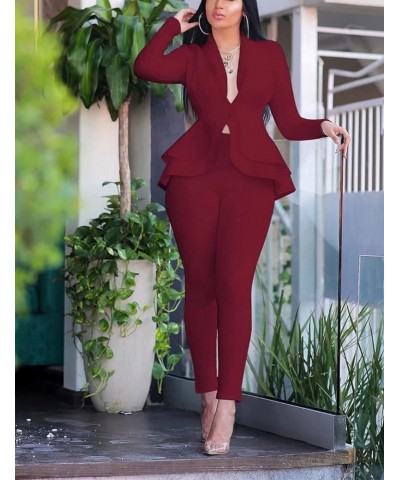 Women's Suit Sets 2 Piece Sets Sexy V Neck Business Casual Blazer Suit Pants Sets Wine Red $24.95 Suits