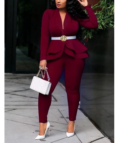 Women's Suit Sets 2 Piece Sets Sexy V Neck Business Casual Blazer Suit Pants Sets Wine Red $24.95 Suits