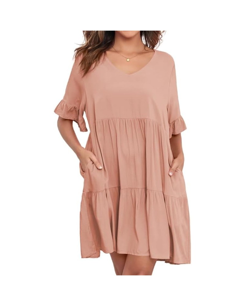 Summer Tunic Dress for Women V Neck Ruffle Short Sleeve Dresses Casual Loose Flowy Beach Cover Up Swing Vestidos Light Pink $...