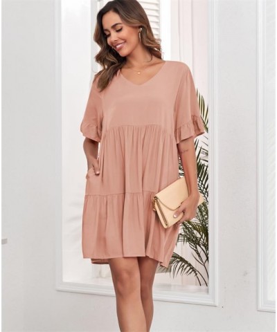 Summer Tunic Dress for Women V Neck Ruffle Short Sleeve Dresses Casual Loose Flowy Beach Cover Up Swing Vestidos Light Pink $...