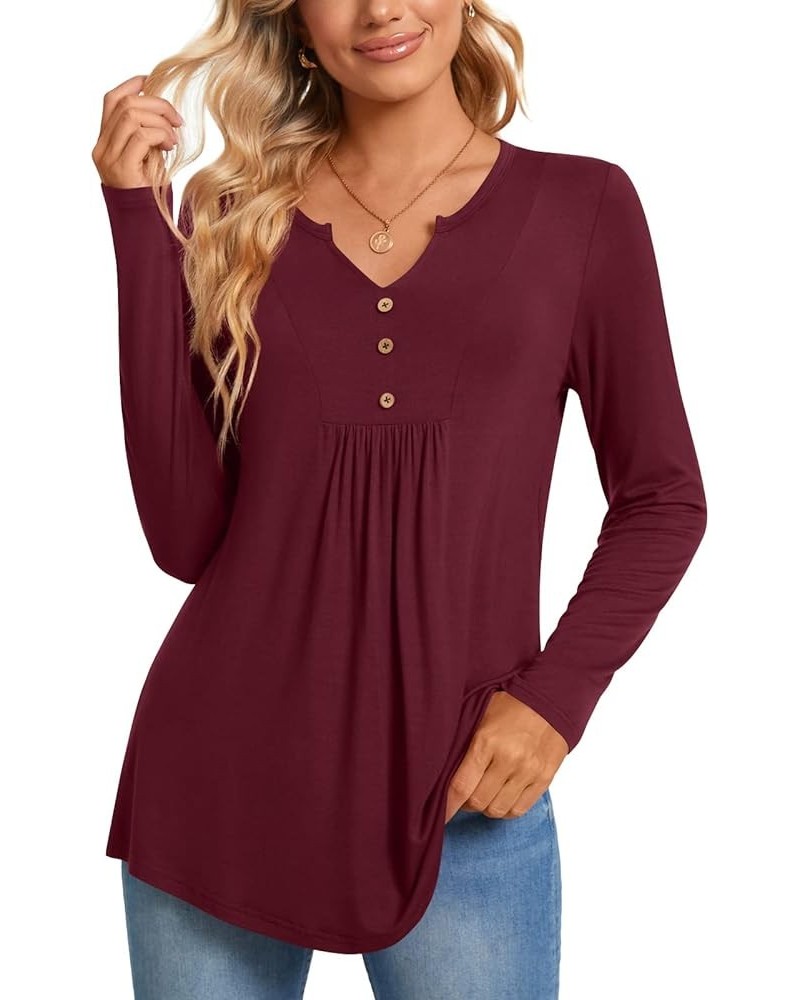 Womens Long Sleeve Tunic Tops Henley Shirt V-neck Button Down Blouse Casual Pleated Basic Pullover Long Wine Red $13.49 Tops