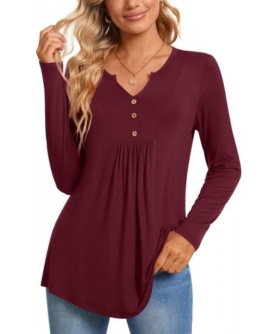 Womens Long Sleeve Tunic Tops Henley Shirt V-neck Button Down Blouse Casual Pleated Basic Pullover Long Wine Red $13.49 Tops