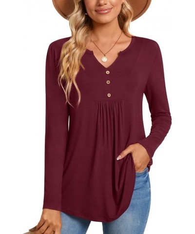 Womens Long Sleeve Tunic Tops Henley Shirt V-neck Button Down Blouse Casual Pleated Basic Pullover Long Wine Red $13.49 Tops