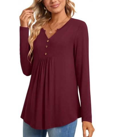 Womens Long Sleeve Tunic Tops Henley Shirt V-neck Button Down Blouse Casual Pleated Basic Pullover Long Wine Red $13.49 Tops