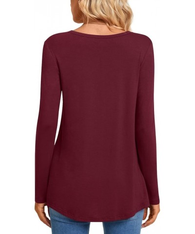 Womens Long Sleeve Tunic Tops Henley Shirt V-neck Button Down Blouse Casual Pleated Basic Pullover Long Wine Red $13.49 Tops