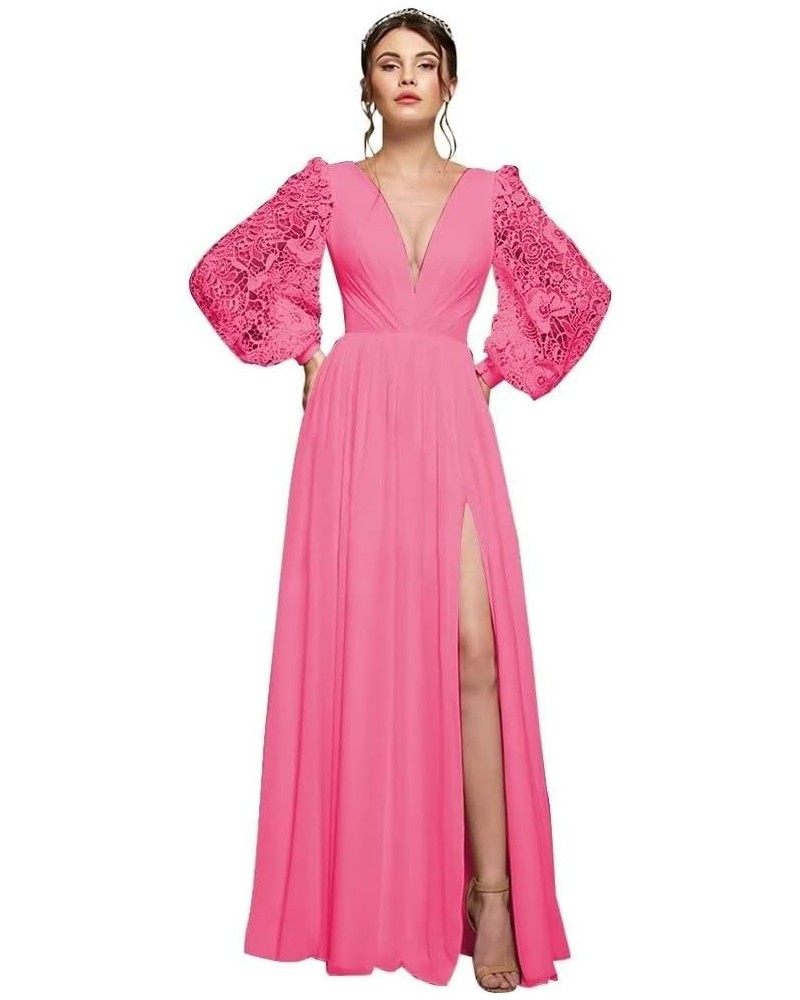 V Neck Long Sleeve Bridesmaid Dresses Chiffon Prom Dresses for Women Formal Gowns with Slit Hot Pink $42.30 Others