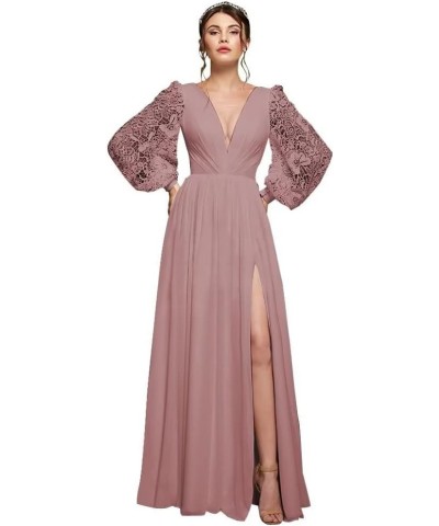 V Neck Long Sleeve Bridesmaid Dresses Chiffon Prom Dresses for Women Formal Gowns with Slit Hot Pink $42.30 Others