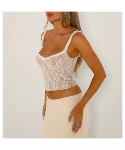 Y2k Going Out Tops for Women Sexy Mesh Sheer Spaghetti Strap Camisole Summer Square Neck Lace Cami Tank Tops Khaki Lace Sexy ...