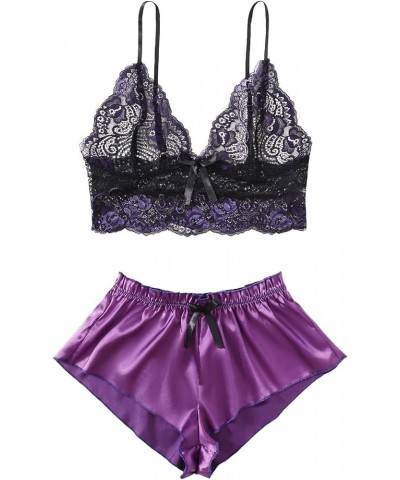 2023 Two Piece Pajamas Outfits for Women Sexy Lace Lingerie Sets Cute Fashion Lounge Sleepwear for Sex Naughty Play 7 purple ...