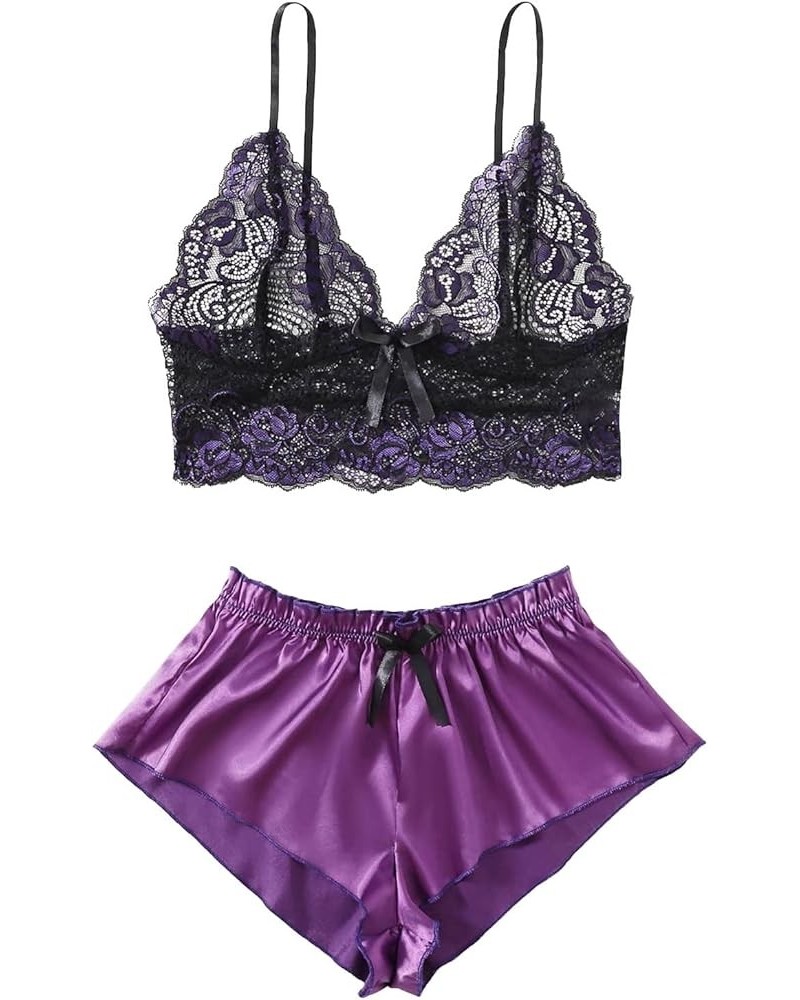 2023 Two Piece Pajamas Outfits for Women Sexy Lace Lingerie Sets Cute Fashion Lounge Sleepwear for Sex Naughty Play 7 purple ...