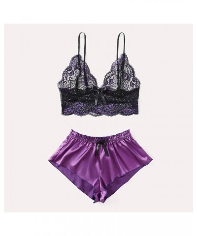 2023 Two Piece Pajamas Outfits for Women Sexy Lace Lingerie Sets Cute Fashion Lounge Sleepwear for Sex Naughty Play 7 purple ...