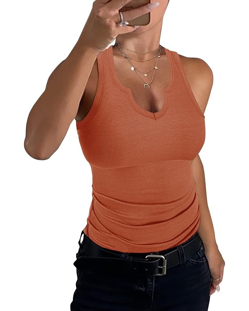 Women V Notch Scoop Neck Ribbed Sleeveless Shirt Fitted Basic Henley Knit Tank Top Orange $14.24 Tanks