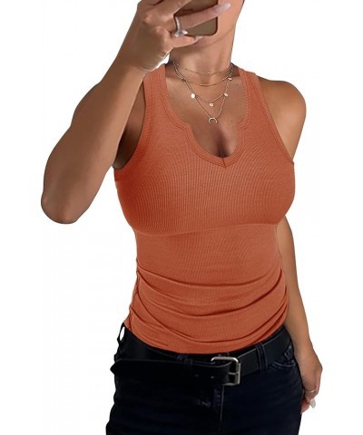 Women V Notch Scoop Neck Ribbed Sleeveless Shirt Fitted Basic Henley Knit Tank Top Orange $14.24 Tanks