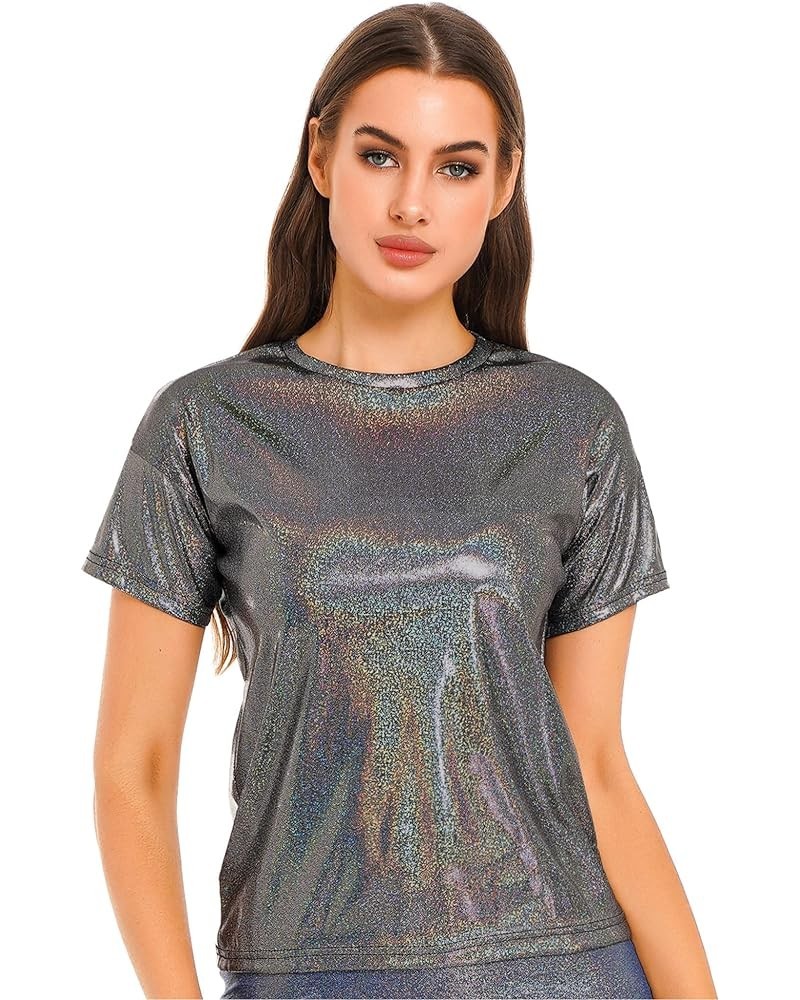 Women's Short Sleeve Shiny Glitter Metallic T Shirt Tank Tops Holographic Rave Festival Party Blouse Metallic Black $5.96 Tanks