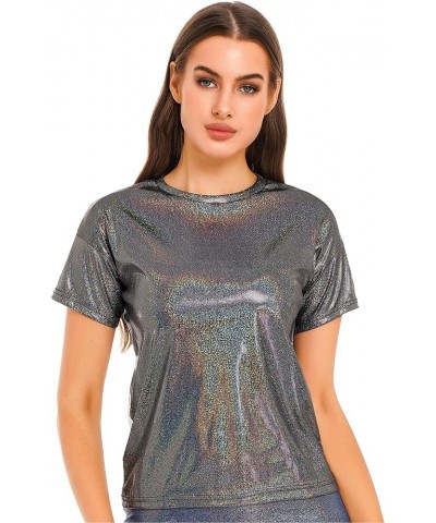 Women's Short Sleeve Shiny Glitter Metallic T Shirt Tank Tops Holographic Rave Festival Party Blouse Metallic Black $5.96 Tanks