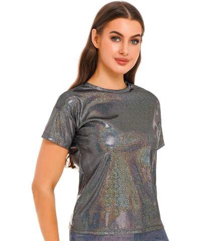 Women's Short Sleeve Shiny Glitter Metallic T Shirt Tank Tops Holographic Rave Festival Party Blouse Metallic Black $5.96 Tanks