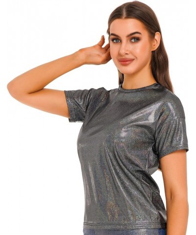 Women's Short Sleeve Shiny Glitter Metallic T Shirt Tank Tops Holographic Rave Festival Party Blouse Metallic Black $5.96 Tanks