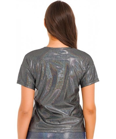 Women's Short Sleeve Shiny Glitter Metallic T Shirt Tank Tops Holographic Rave Festival Party Blouse Metallic Black $5.96 Tanks