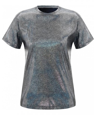 Women's Short Sleeve Shiny Glitter Metallic T Shirt Tank Tops Holographic Rave Festival Party Blouse Metallic Black $5.96 Tanks