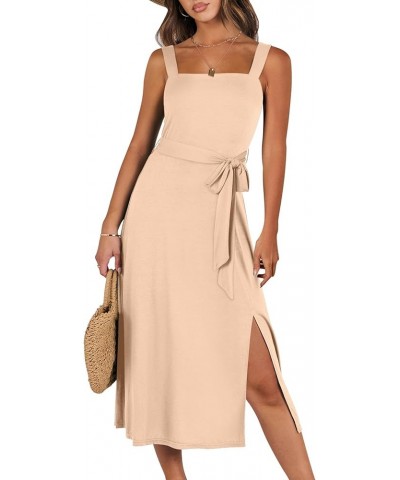 Women Square Neck Dresses 2024 Summer Casual Flowy Split A Line Midi Dress Sleeveless Long Sundress Apricot $13.20 Dresses