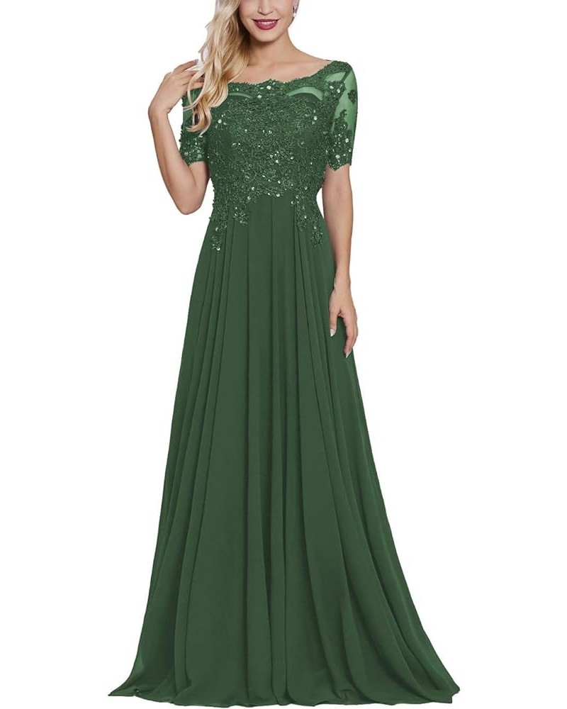 Women's Long Mother of The Bride Dresses with Sleeves Bateau Neck Beaded Chiffon Maxi Lace Formal Evening Gowns Emerald Green...