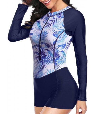 Women Long Sleeve Rash Guard One Piece Boyleg Swimsuit Zipper Surfing Bathing Suit UPF 50+ Blue Leaf $25.19 Swimsuits