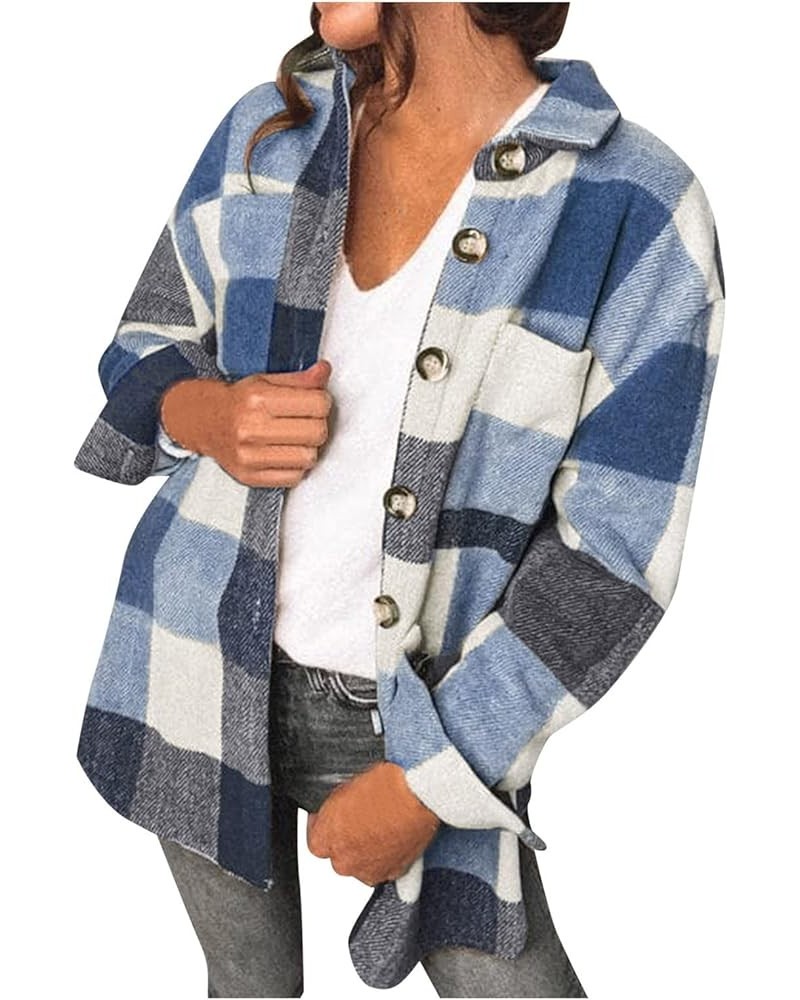 Plaid Shacket Jacket for Women Fall Winter Cute V Neck Long Sleeve Button Down Blouses Tops Flannel Outerwear Jackets Coats A...