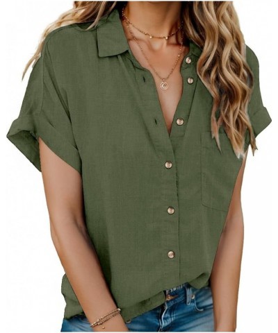 Linen Cotton Womens Short Sleeve Shirts V Neck Collared Button Down Blouse Tops with Chest Pocket Army Green $14.10 Blouses