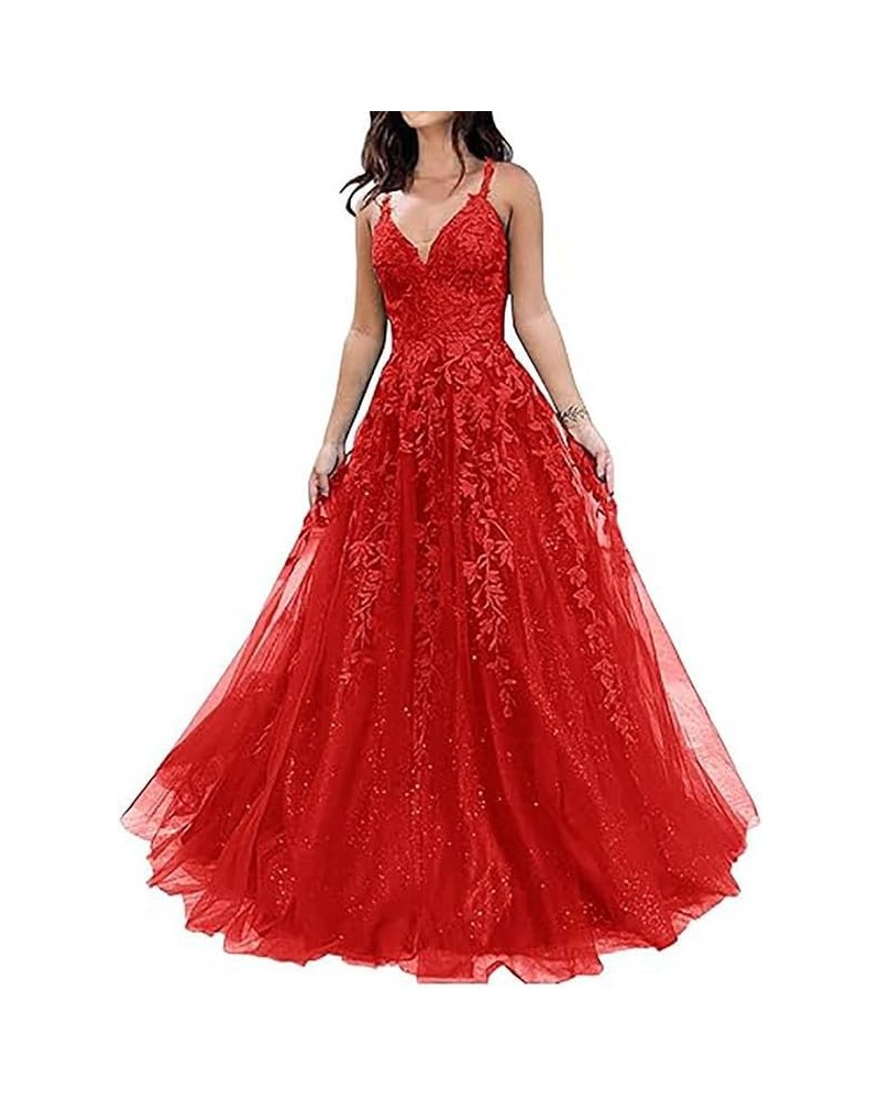 Glitter Tulle Prom Dresses Long Lace Appliques Ball Gowns for Women Formal 2023 A-Line V-Neck Spaghetti Straps Red $43.34 Dre...