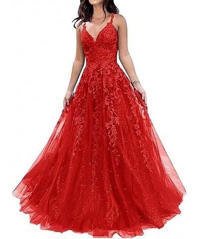 Glitter Tulle Prom Dresses Long Lace Appliques Ball Gowns for Women Formal 2023 A-Line V-Neck Spaghetti Straps Red $43.34 Dre...