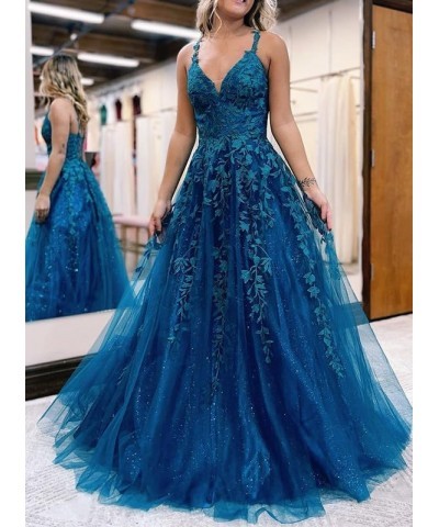 Glitter Tulle Prom Dresses Long Lace Appliques Ball Gowns for Women Formal 2023 A-Line V-Neck Spaghetti Straps Red $43.34 Dre...