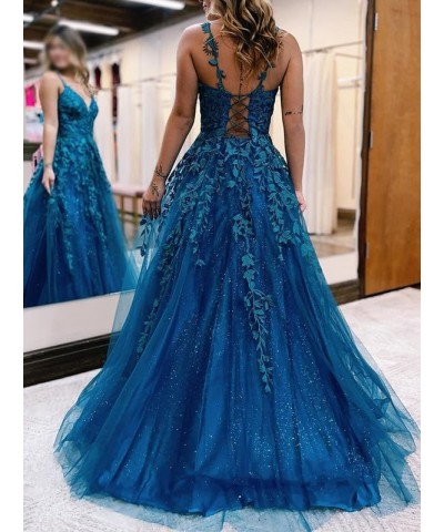 Glitter Tulle Prom Dresses Long Lace Appliques Ball Gowns for Women Formal 2023 A-Line V-Neck Spaghetti Straps Red $43.34 Dre...