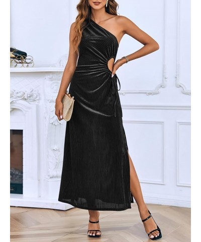 Women's One Shoulder Velvet Wedding Guest Dress Sexy Cutout High Split Party Cocktail Maxi Dress Black $20.69 Dresses