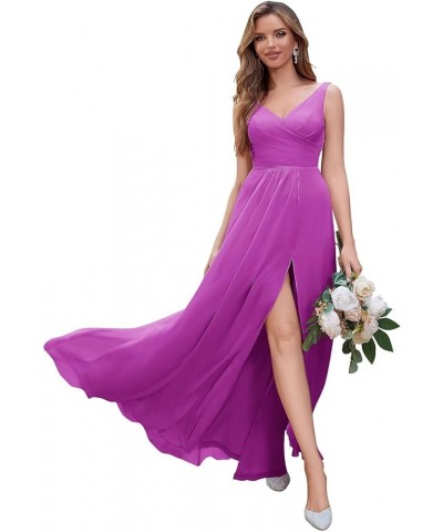 V Neck Chiffon Bridesmaid Dresses Spaghetti Straps Ruched Formal Prom Party Gown A-Line Split Wedding Guest Dress Dark Lilac ...