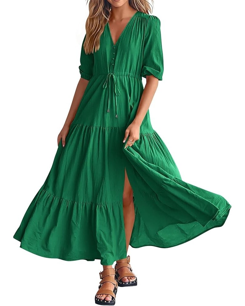 Women Summer Dresses Short Sleeves V Neck Button Drawstring Maxi Dresses Solid Color Boho Long Dresses Solid Green $17.90 Dre...