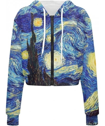 Women Zip Up Hoodie Sweatshirt Jacket Cropped Long Sleeve Crop Top Oversized 2023 Fall Outfits S-5XL Van Gogh Starry Night $1...