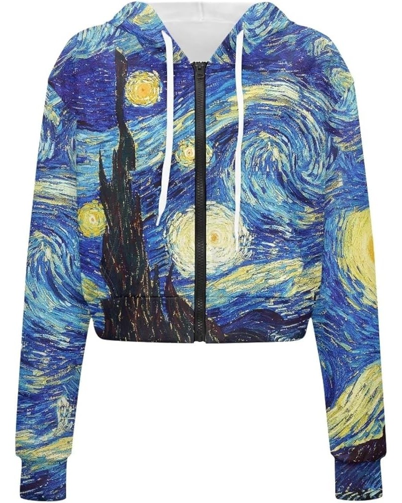 Women Zip Up Hoodie Sweatshirt Jacket Cropped Long Sleeve Crop Top Oversized 2023 Fall Outfits S-5XL Van Gogh Starry Night $1...