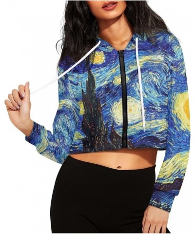 Women Zip Up Hoodie Sweatshirt Jacket Cropped Long Sleeve Crop Top Oversized 2023 Fall Outfits S-5XL Van Gogh Starry Night $1...