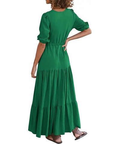 Women Summer Dresses Short Sleeves V Neck Button Drawstring Maxi Dresses Solid Color Boho Long Dresses Solid Green $17.90 Dre...